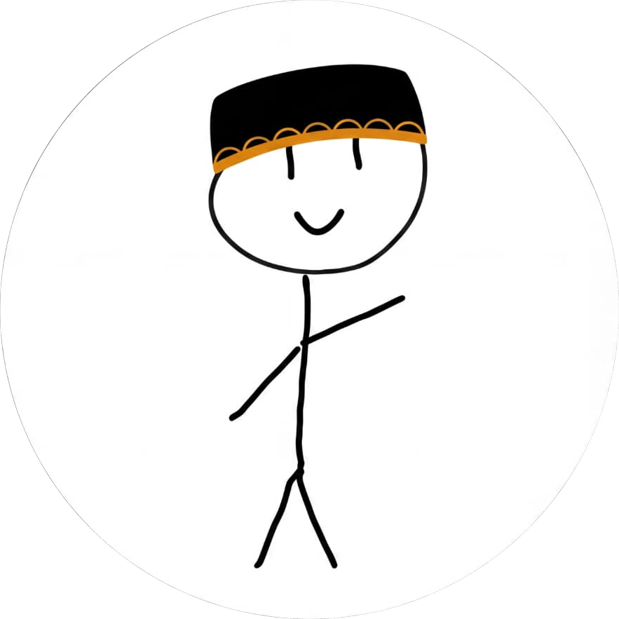 Brother Aqib mascot: a hand-drawn stick figure in a black kufi with gold trim, on a white circle badge